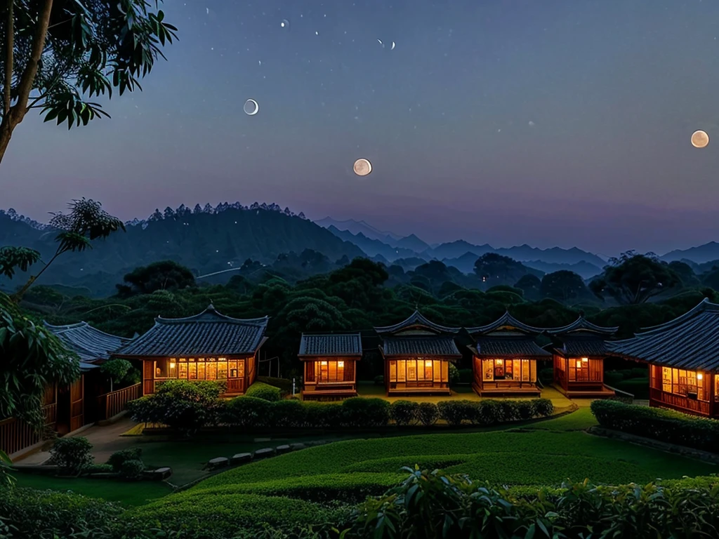 A moon，Hanging high above the tea garden，The moonlight shines on the tea garden