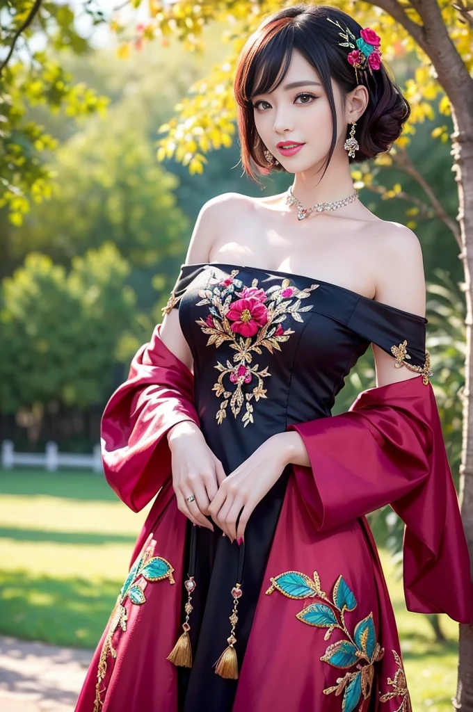 (masterpiece:1.4), (best quality:1.4), ultra high res, ultra high resolution, ((detailed facial features)), HDR, (realistic, photorealistic, photo-realistic:1.37), full body Esbian, sexy Vietnamese model, (-anime), vivid colors, ((vivid colors multicolor (red, fuchsia) very short hair)), (happy smile), lip-gloss, long lashes, ultra detailed metallic makeup, defined eyebrows, wearing large sparkling colorful jewelery, wearing a red silk Paradise Kiss cosplay dress with black floral embroidery, ((vivid colors outfit)), vivid colors, look at the camera, cinematic light, large park background with trees, sweet and sexy pose