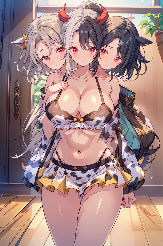 (masterpiece, best quality),best quality, (ultra-detailed), ((3heads:1.5)), 1girl, (ushizaki urumi:1.3), masterpiece, best quality, ultra quality, ultra resolution, ultra detail, white top, crop top, ((stomach)), midriff, ((groin)), yellow skirt, normal ears, shackles, black hair, very long hair, wavy hair, sidelocks, red eyes, parted lips, sweat, cute, toned belly, hand on own chest, eyelashes, (24 year old woman:1.3), (masterpiece:1.5), (best quality:1.5), (beautiful detailed extremely detailed CG, extremely delicate and beautiful, depth of field, (finely detailed face), (perfect details:1.3), (mature female:1.3), wide pelvis, slender, large veiny breast, 16k resolution, highres, very high quality, very high definition, extremely detailed, masterpiece, black hair, long hair, alluring presence, braid, short skirt, close up, very big tits, huge tits, young, star hair ornament, yellow ribbon, side ponytail, cabbie hat, hair ornament, two-tone hair, split-color hair, japanese clothes, horns, cow girl, cow horns,