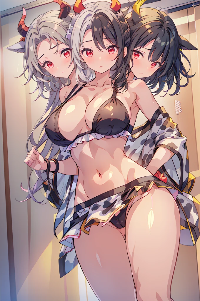 (masterpiece, best quality),best quality, (ultra-detailed), ((3heads:1.5)), 1girl, (ushizaki urumi:1.3), masterpiece, best quality, ultra quality, ultra resolution, ultra detail, white top, crop top, ((stomach)), midriff, ((groin)), yellow skirt, normal ears, shackles, black hair, very long hair, wavy hair, sidelocks, red eyes, parted lips, sweat, cute, toned belly, hand on own chest, eyelashes, (24 year old woman:1.3), (masterpiece:1.5), (best quality:1.5), (beautiful detailed extremely detailed CG, extremely delicate and beautiful, depth of field, (finely detailed face), (perfect details:1.3), (mature female:1.3), wide pelvis, slender, large veiny breast, 16k resolution, highres, very high quality, very high definition, extremely detailed, masterpiece, black hair, long hair, alluring presence, braid, short skirt, close up, very big tits, huge tits, young, star hair ornament, yellow ribbon, side ponytail, cabbie hat, hair ornament, two-tone hair, split-color hair, japanese clothes, horns, cow girl, cow horns,