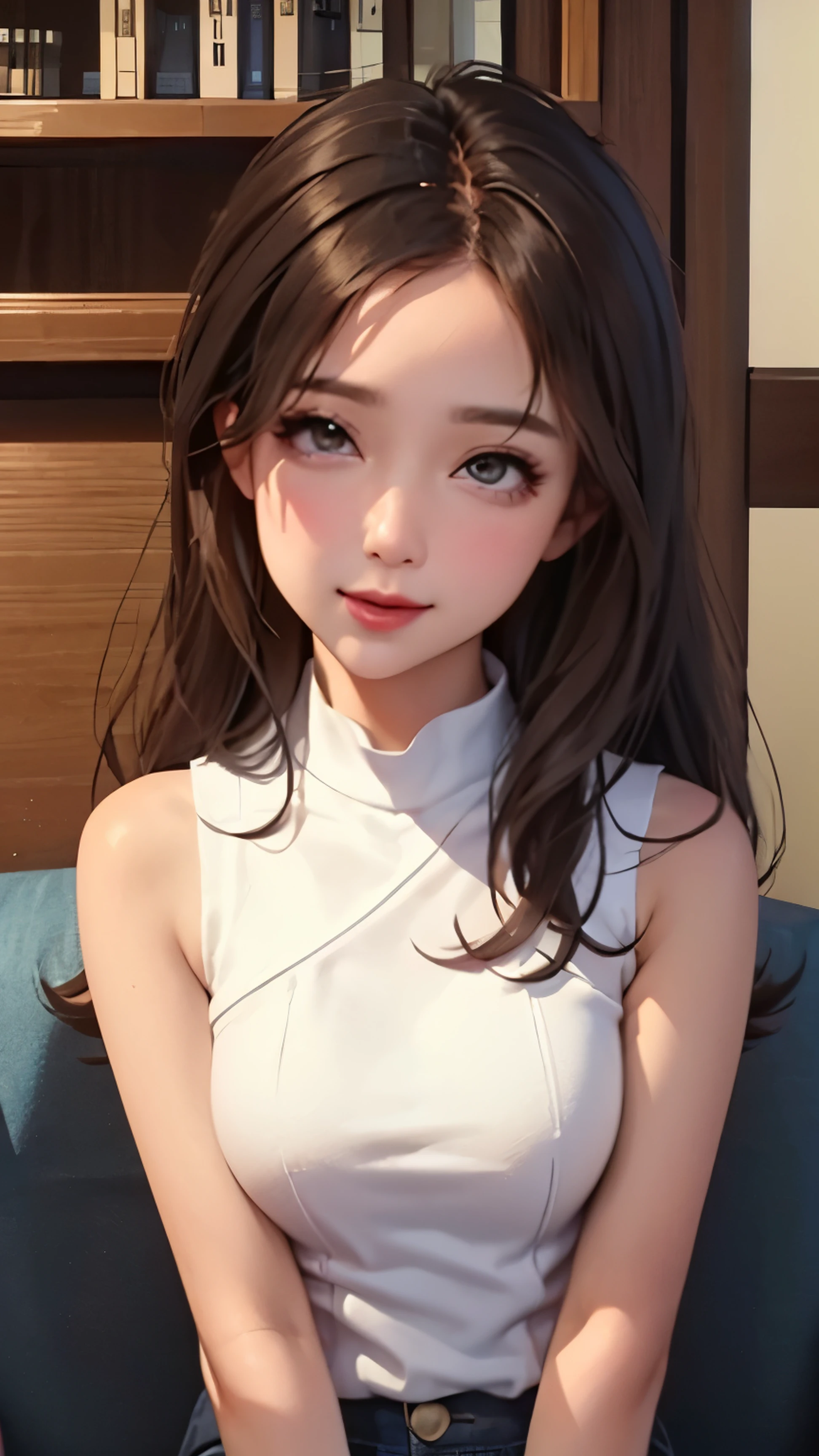 blush a little and smile, (Top quality masterpiece:1.2) Delicate illustrations, Very detailed, /Beautiful Japanese Women、1 person,Very cute and slim、Great style 、((8K images、super high quality))、Very delicate face, Skin and Hair、beautifule forehead、Red lipstick、(((((Long Hair、Light brown hair、lure))))),Very cute Japanese cut face、Eyes and nose are clearly visible、Kind eyes,((((Sleeveless fashion))))