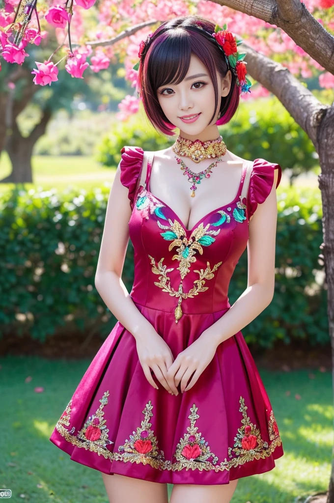 (masterpiece:1.4), (best quality:1.4), ultra high res, ultra high resolution, ((detailed facial features)), HDR, (realistic, photorealistic, photo-realistic:1.37), full body Esbian, sexy Vietnamese model, (-anime), vivid colors, ((vivid colors multicolor (red, fuchsia) very short hair)), (happy smile), lip-gloss, long lashes, ultra detailed metallic makeup, defined eyebrows, wearing large sparkling colorful jewelery, wearing a red silk Paradise Kiss cosplay dress with black floral embroidery, ((vivid colors outfit)), vivid colors, look at the camera, cinematic light, large park background with trees, sweet and sexy pose