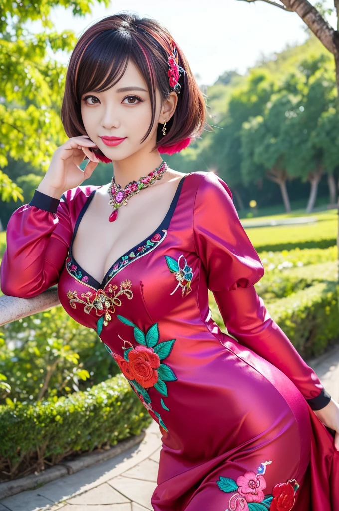 (masterpiece:1.4), (best quality:1.4), ultra high res, ultra high resolution, ((detailed facial features)), HDR, (realistic, photorealistic, photo-realistic:1.37), full body Esbian, sexy Vietnamese model, (-anime), vivid colors, ((vivid colors multicolor (red, fuchsia) very short hair)), (happy smile), lip-gloss, long lashes, ultra detailed metallic makeup, defined eyebrows, wearing large sparkling colorful jewelery, wearing a red silk Paradise Kiss cosplay dress with black floral embroidery, ((vivid colors outfit)), vivid colors, look at the camera, cinematic light, large park background with trees, sweet and sexy pose