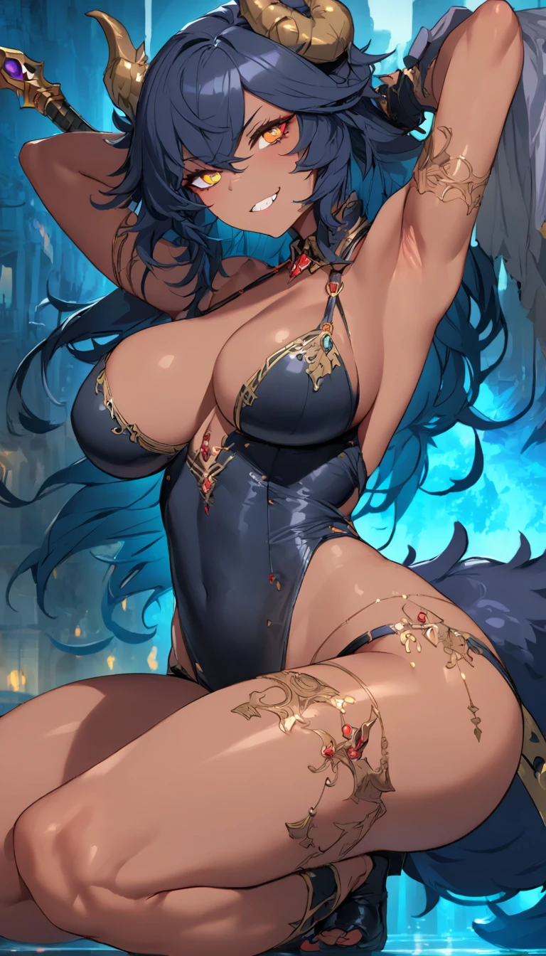 best quality,4k,8k, highres, masterpiece:1.2), ultra-detailed, extremely detailed eyes, extremely detailed body, (large masterpiece digital art), (detailed manga illustration), (detailed line art), ((perfect anatomy)), (intricate details:1.3), (ultra-detailed:1.3), (illustration:1.3), (sharp focus:1.3), (natural lighting:1.05), (vivid colors:1.3), (masterpiece), (best quality:1.4), (perfect anatomy:1.4), high quality, expressive eyes, full body, detailed face, beautiful face, perfect face, 1girl, ((dark skin)), animal ears, black sclera, smile, colored sclera, breasts, solo, monster girl, black hair, (wolf ears), large breasts, curvy, wide hips, long hair, ((gold eyes)), claws, grin, fur, looking at viewer, collar, ((dynamic action pose)), tail, (wolf tail), {(dragon horns)}, demon horns, wings, sadistic smile, hair over eye, {regal outfit}, tiny crown, blue fire, curvy, sexy dress, dark skin, cinematic lighting, dramatic atmosphere, Beautiful woman, dragon spear in hand, Jeff Bridges, ((cartoon style)), Marvel Cinematic Universe style, (((hell castle in the background))), soft bokeh of hellscape, Atey Ghailan, Jeremy Mann, Greg Manchess, Antonio Moro, trend in ArtStation, trend in CGSociety, Intricate, High Detail, Sharp focus, dramatic and photorealistic painting art by Midjourney and Greg Rutkowski,