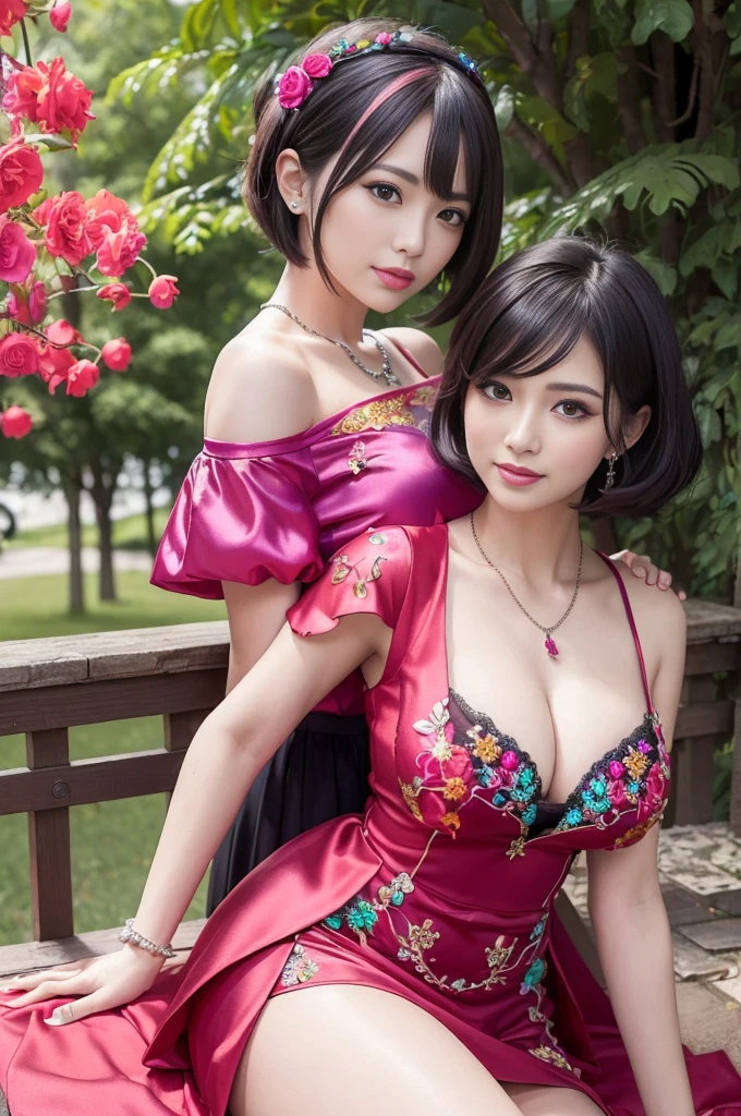 (masterpiece:1.4), (best quality:1.4), ultra high res, ultra high resolution, ((detailed facial features)), HDR, (realistic, photorealistic, photo-realistic:1.37), full body Esbian, sexy Vietnamese model, (-anime), vivid colors, ((vivid colors multicolor (red, fuchsia) very short hair)), (happy smile), lip-gloss, long lashes, ultra detailed metallic makeup, defined eyebrows, wearing large sparkling colorful jewelery, wearing a red silk Paradise Kiss cosplay dress with black floral embroidery, ((vivid colors outfit)), vivid colors, look at the camera, cinematic light, large park background with trees, sweet and sexy pose