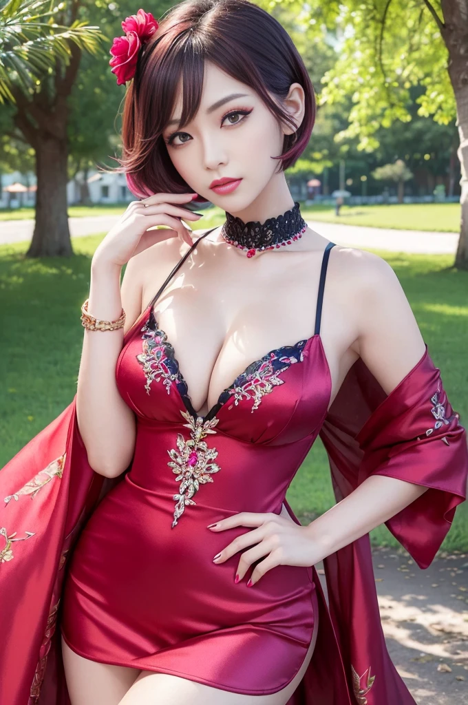 (masterpiece:1.4), (best quality:1.4), ultra high res, ultra high resolution, ((detailed facial features)), HDR, (realistic, photorealistic, photo-realistic:1.37), full body Esbian, sexy Vietnamese model, (-anime), vivid colors, ((vivid colors multicolor (red, fuchsia) very short hair)), (happy smile), lip-gloss, long lashes, ultra detailed metallic makeup, defined eyebrows, wearing large sparkling colorful jewelery, wearing a red silk Paradise Kiss cosplay dress with black floral embroidery, ((vivid colors outfit)), vivid colors, look at the camera, cinematic light, large park background with trees, sweet and sexy pose