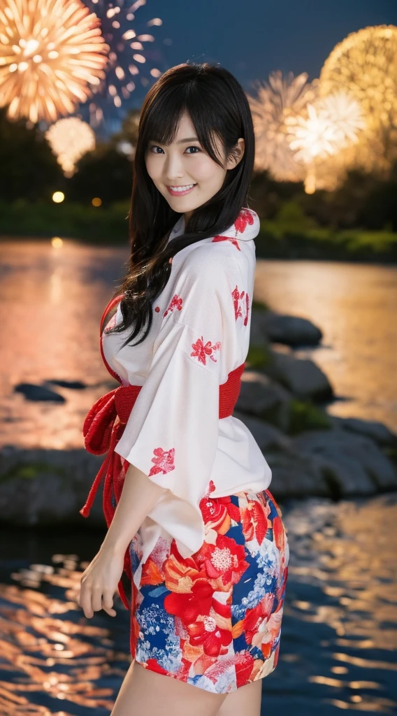(Masterpiece，Highest quality，Highest quality，8k wallpaper，Ultra-high resolution，Extremely detailed)，Japanese，Group of 2，Japanese Beauty，Female college student，Large Breasts，Narrow waist，Not too big butt，Long, slender legs，Yamato Nadeshiko，pure，Sense of clarity，yukata，night，Summer festival，Riverbank，Opening a store，firework，色とりどりのfireworkの光，((Group of 2のFemale college studentがnightのfirework大会でfireworkの華やかな光に包まれながら微笑む様子))