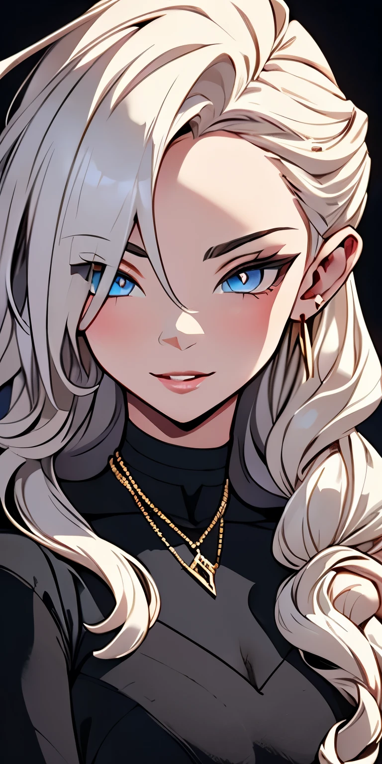 Beautiful girl, (platinum hair), ((very long curly hair)), face perfect, innocent smirk, trunk,(cerulean eyes), (yan), (mic), (slim), ((flat-chested)), ((21 years old)), skin denture, extreme detail, charming oval face, Red lips, Pink, shining skin, detailed hair, Facial Focus, Close-up chest, gold decorative necklace, gold earrings, ((1 girl)), Embarrassed expression,