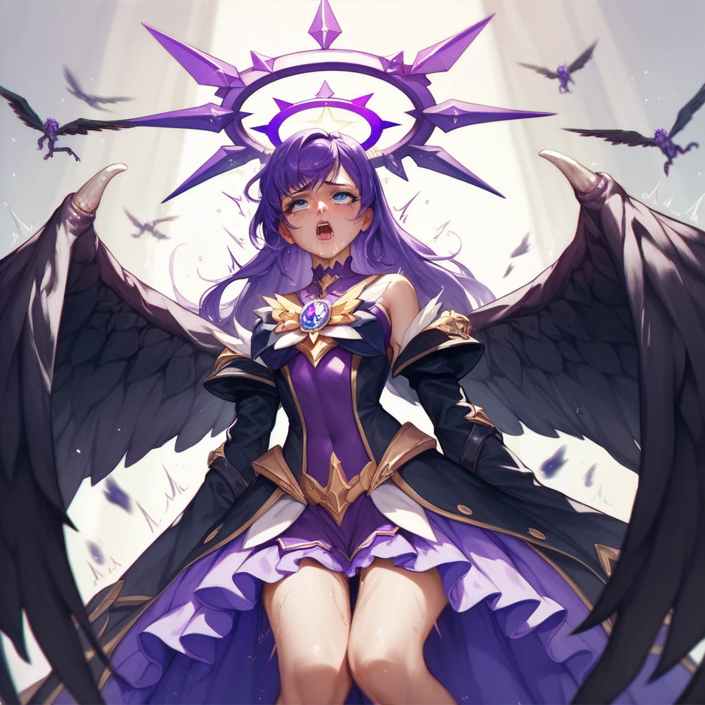 cure slave(magical girl, blue eye, purple hair, long straight hair, dark purple dress, gold vertical line in black coat, black wings, halo, hyper mode, orgasm, lean back), rape by monster(many monster,1 girl)