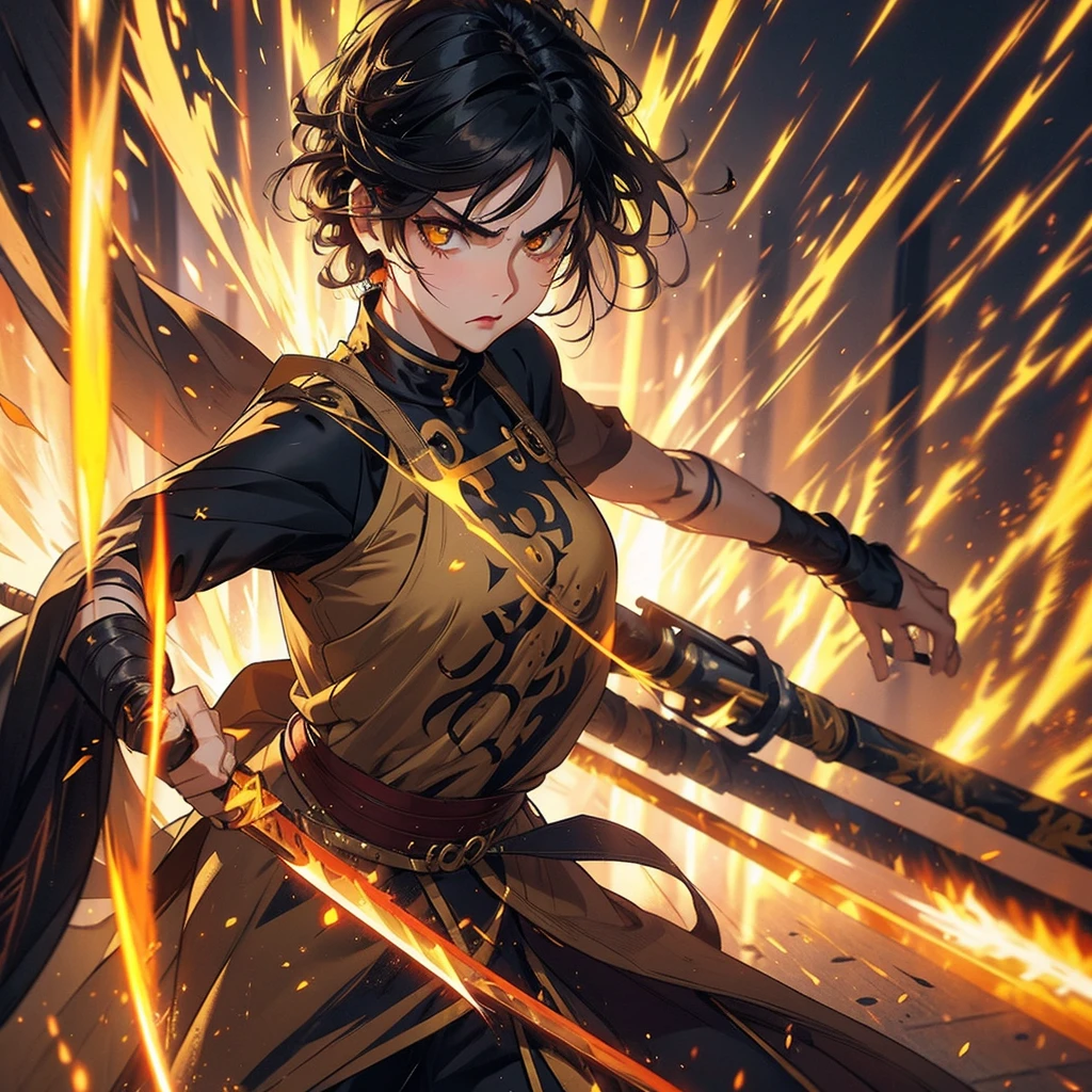 Angry warrior woman golden eyes, tan skin, wild short black hair