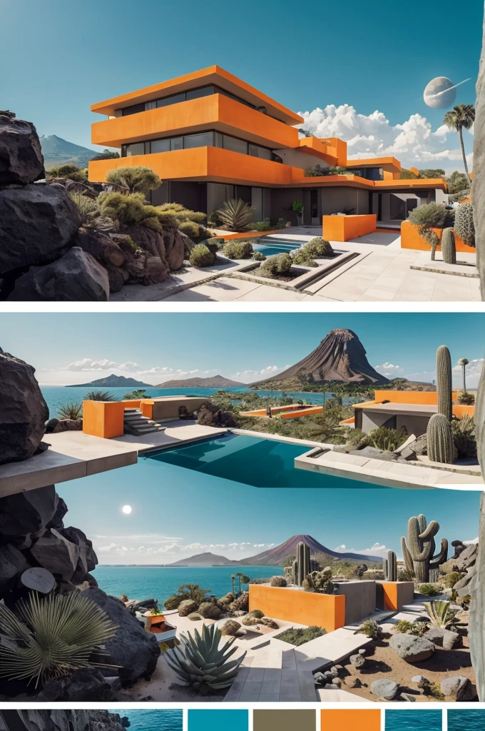 An illustration in collage style, with giant boulders, brutalist building sections, terraces, stairs, cacti, agave, concrete texture, multiple geometric shapes, hatch and cross hatching, planet saturn, volcano, moon, Luis Barragán's architectural style build, milky way galaxy, violet, one motorcycle, An illustration in collage style, with giant boulders, brutalist building sections, stairs, cacti, agave, concrete texture, multiple geometric shapes, hatch and cross hatching, planet saturn, volcano, moon, Luis Barragán's architectural style build, reflective pool, terraces. An elegant and modern build, in top of big boulders, with terraces, materials concrete, wood, steel and crystal, various gardens with tropical vegetation, cacti and rocks, stairs, a pool. In middle of sea, a big wave near, sunset, mountains and a volcano in the horizont, cute islands around, illustration format, cute color palette, detailed, masterpiece, award-winning work, clouds, Illustration, a garden with abundant cacti, ((various organic sculptures)), ((big rocks)), (((multiple sections))), collage style, detailed, (((color palette (olive green), (Mustard orange), cool grey, ((blue)), black and white))), (((a lot Luis barragán's architecture style builds))) big clouds, volcano in horizon, stairs, in the desert. ((masterpiece, best quality)),illustration,ultra detailed 8k, ((Ori Toor visual style)),soviet, megabuildings, megastructures, buildings, organic steel sculpture