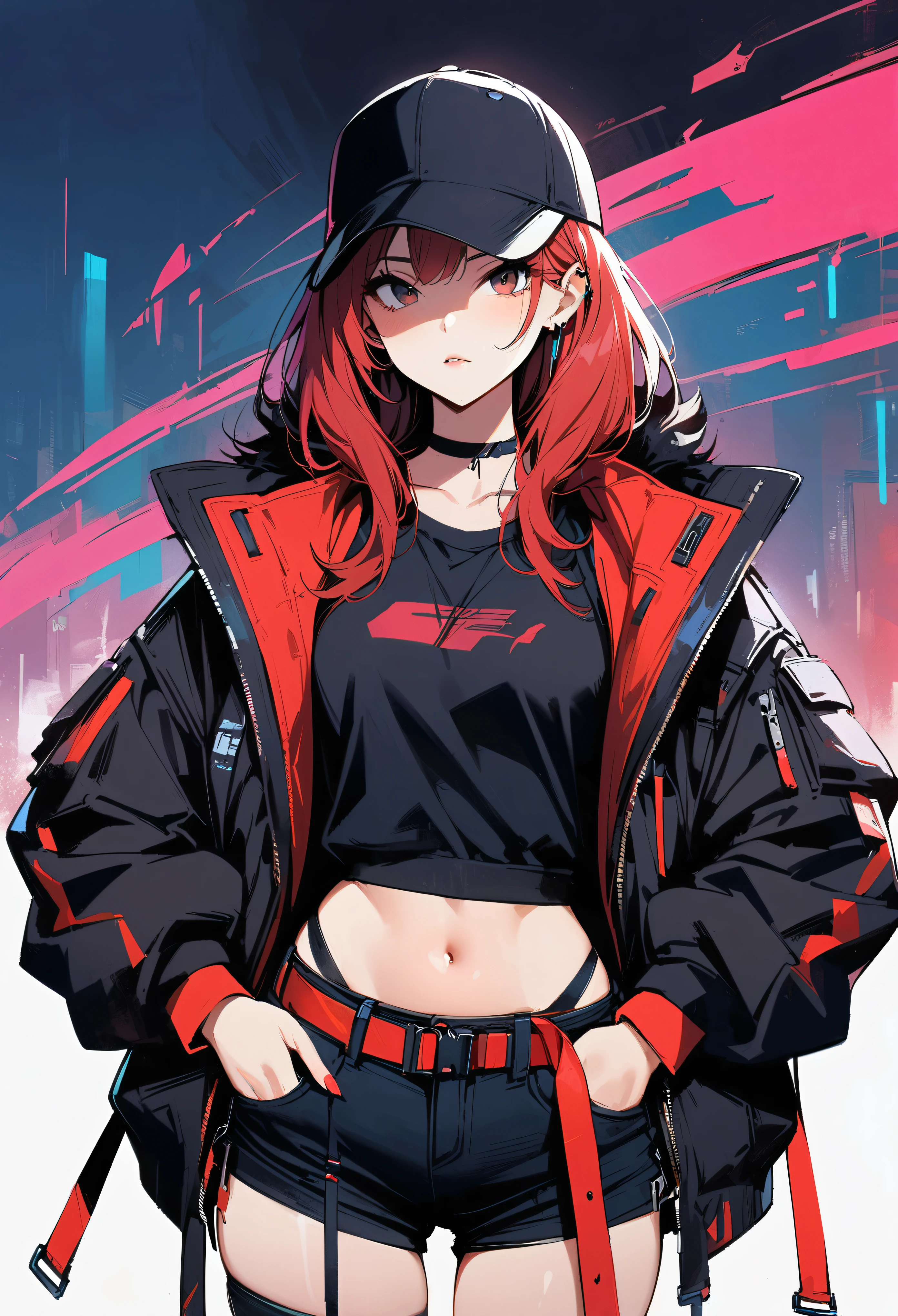 1 young girl, Red long hair, Black eyes, Double tail, Cyberpunk, Black top, shorts, Coat, masterpiece, high quality, Red Wolf , Oversized vest