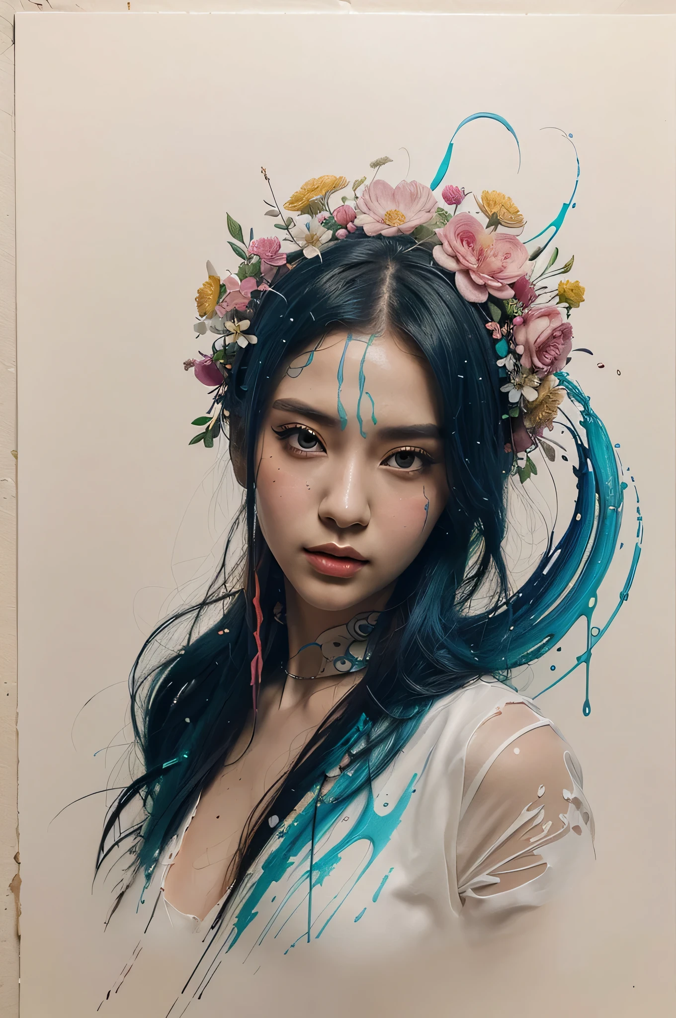 Ambilight,masterpiece,ultra-high quality,(ultra detailed original illustration),((hanfu fashion)),clean cloth,flower blossom background,double exposure,fussion of fluid abstract art,(original illustration composition),( fusion of limited color, maximalism artstyle, geometric artstyle, junk art),