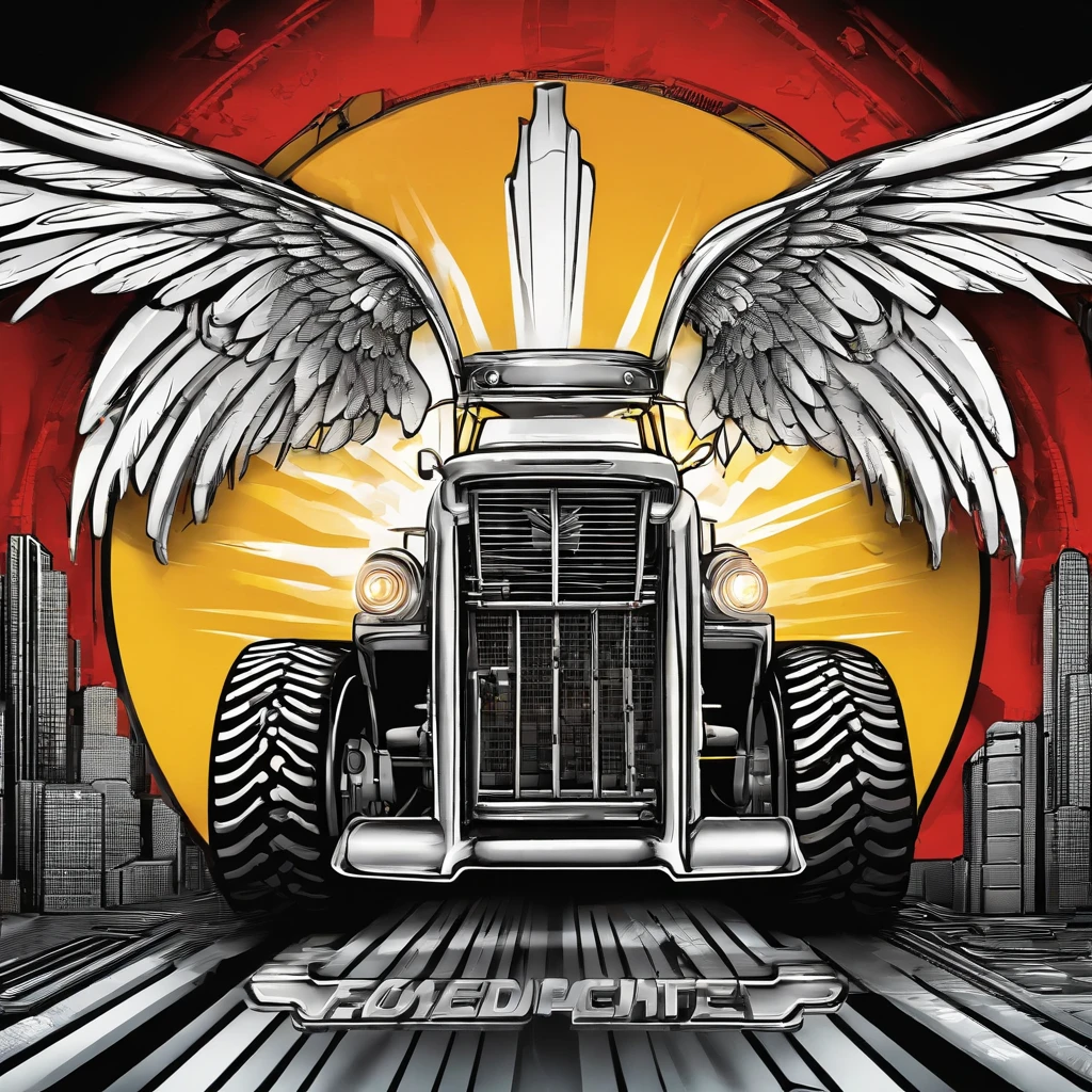 high quality detailed logo front of forklift, large wings in background, intricate design, mechanical, industrial, metallic, silver, grey, black, 3d render, photorealistic, cinematic lighting, volumetric lighting, dramatic shadows, glossy finish, ultra detailed