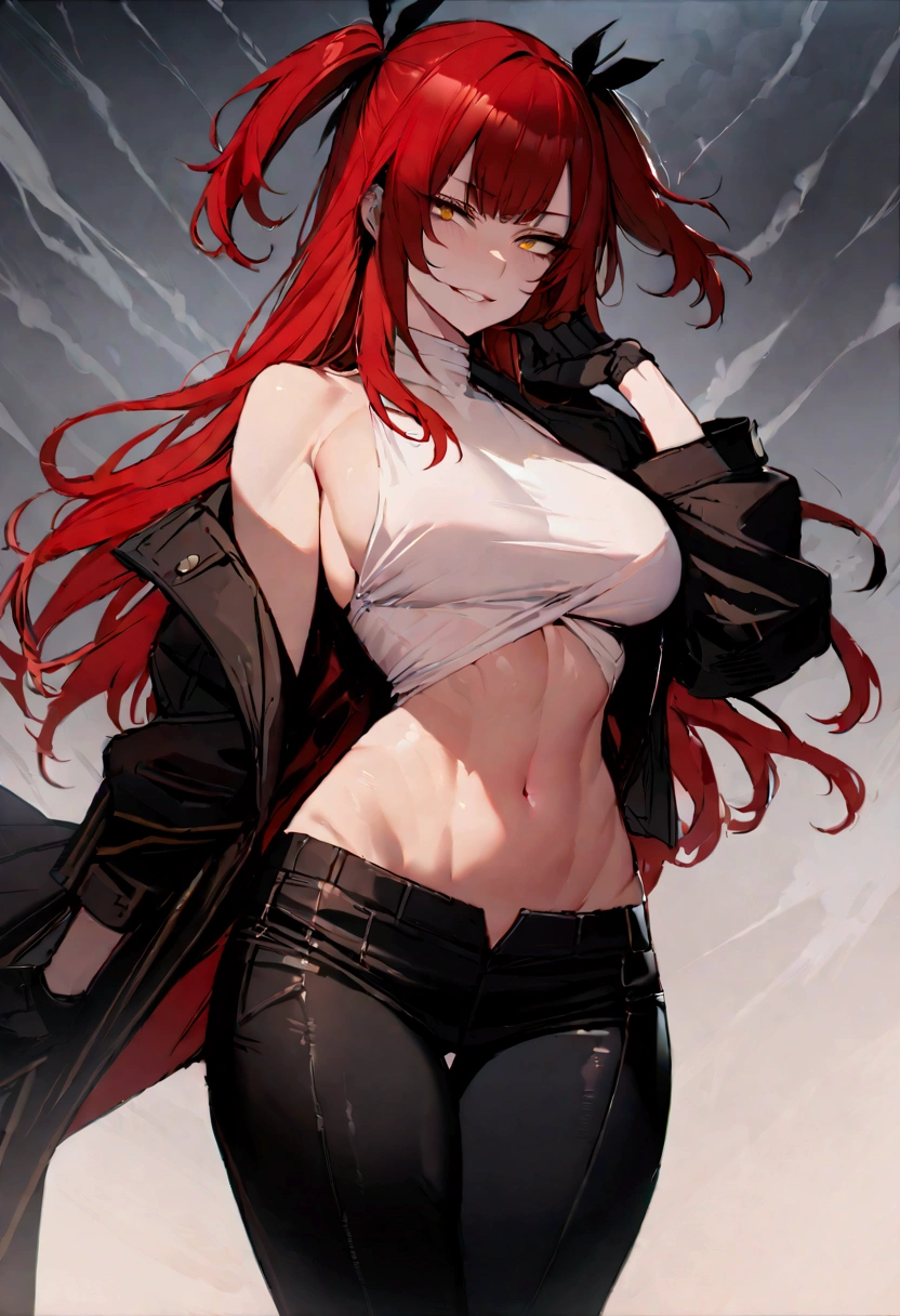 masterpiece, best quality 1girl, solo, beautiful woman, messy bangs, red hair, long hair, hair two side up by black bows , yellow eyes, grin, large breasts, toned stomach, white tank top, black coat, figureless black gloves, black pants, fantasy looking at viewer