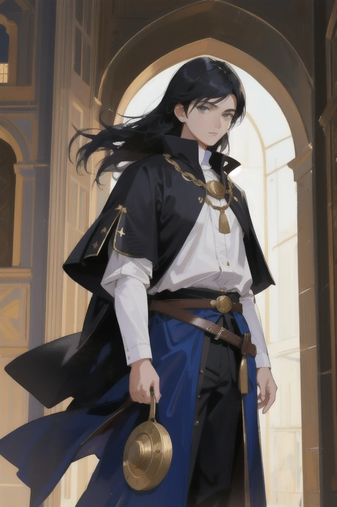 12 years old boy with black hair and eyes, face focus, calm demeanor, hide hands, medival outfit, renaisans era.