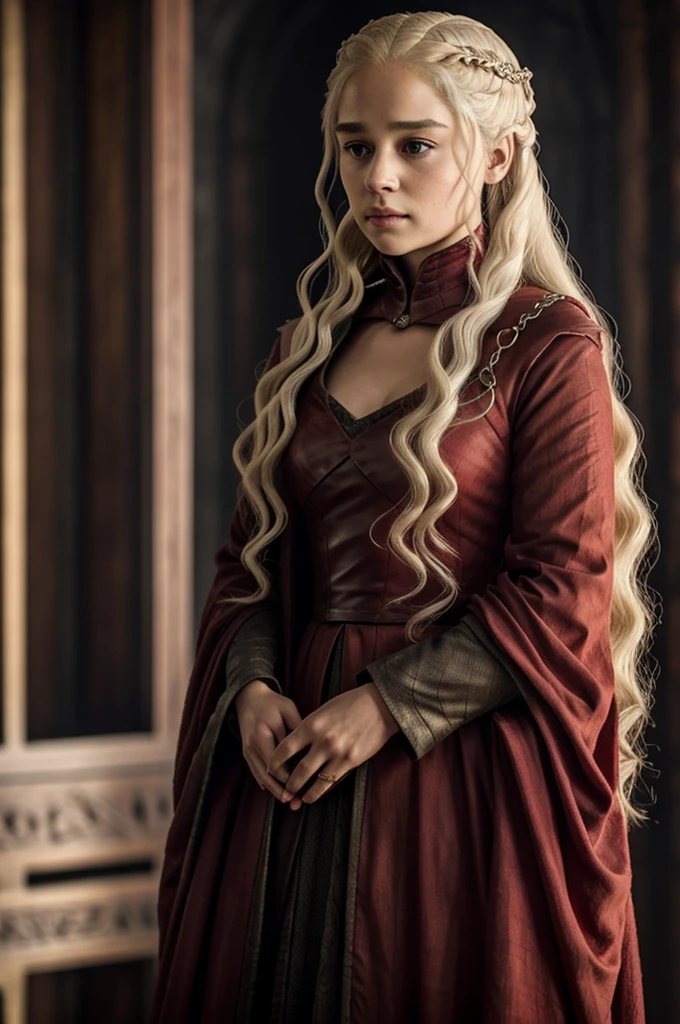 Game of thrones, Targaryen young woman dressed in red and withe clothes like royalty 