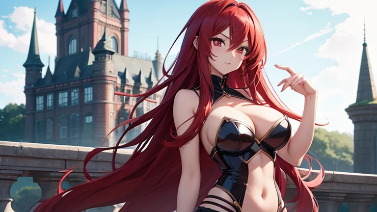 Create an anime-style sexy girl based on Rias Gremory inspired by elden ring, standing in front of a castle.