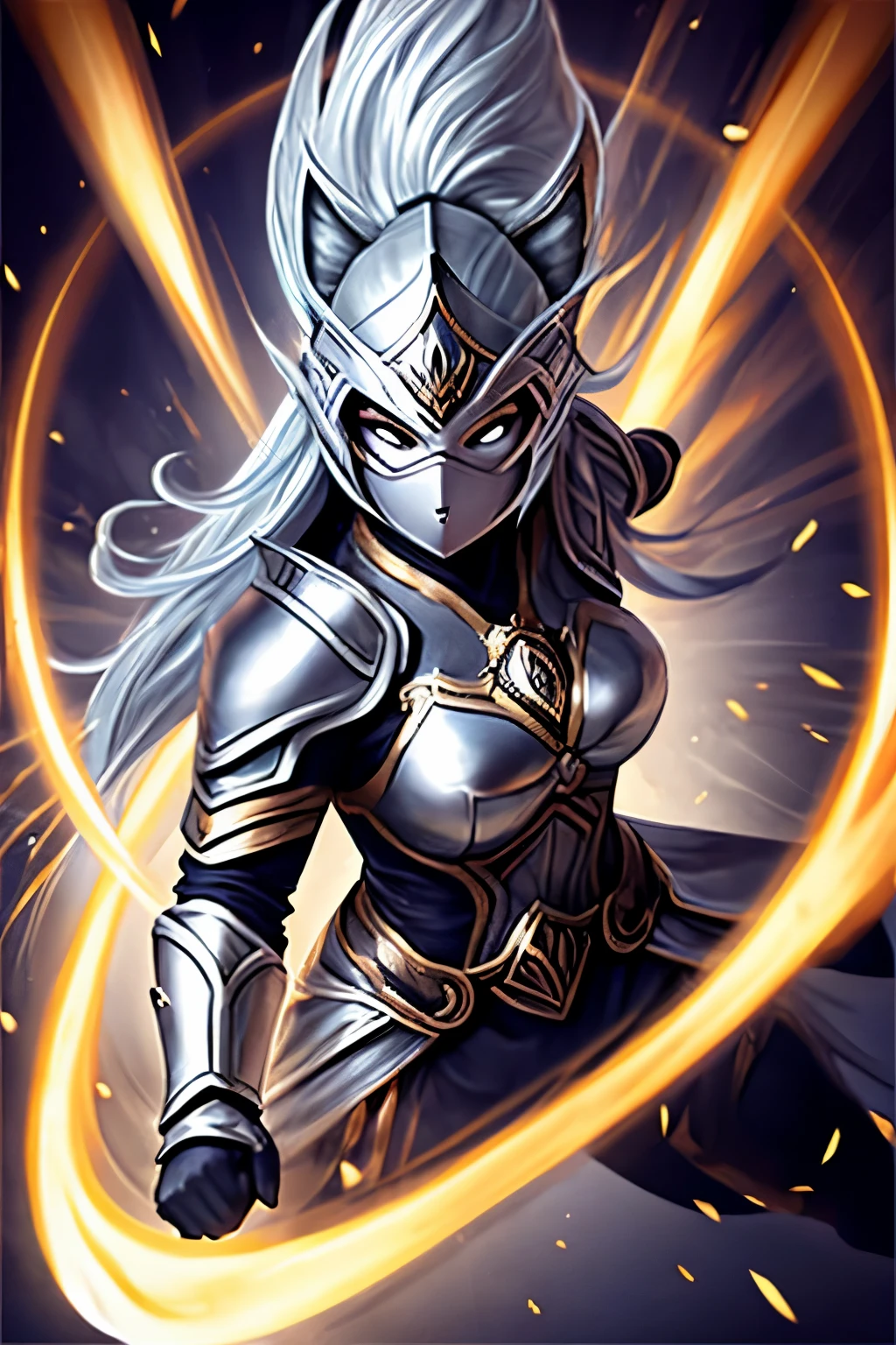 Silver female masked warrior overflowing power