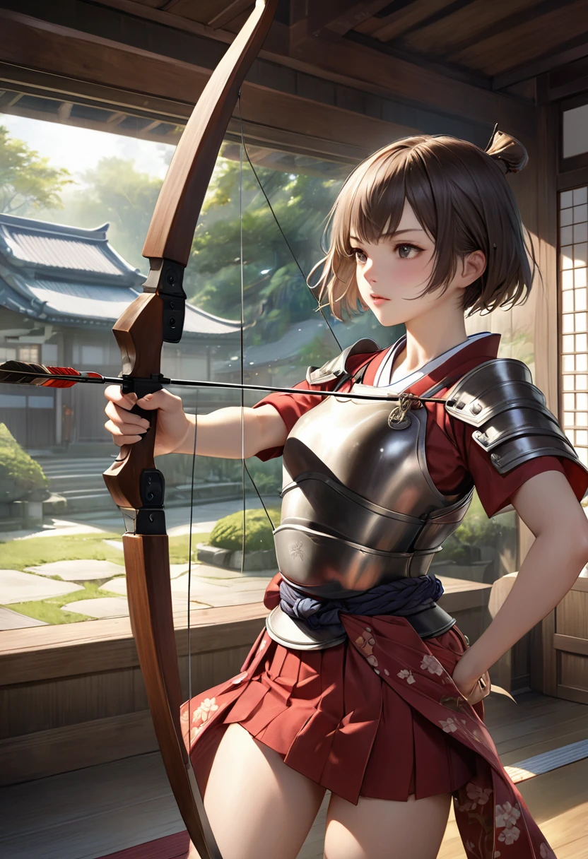 {{masterpiece、Highest quality、(((Realistic、Realistic:1.37)))、One Girl, 8K quality、Very delicate and beautiful、wonderful、Large file size、Very detailed、Very detailed、Cinema Lighting}}、Small breasts, Hinyuu,Tomboy,Looks like a boy,Short Hair,Short sleeve,,Bow and Arrow,breastplate,Target,aiming Target,(breastplate),In the same way,kimono,Japanese Dojo, Drawing Bow Anatomically Accurate Body Drawing、The rooms and gardens of Japanese feudal lords'residence of、With a bow and arrow in hand,Combat Stance