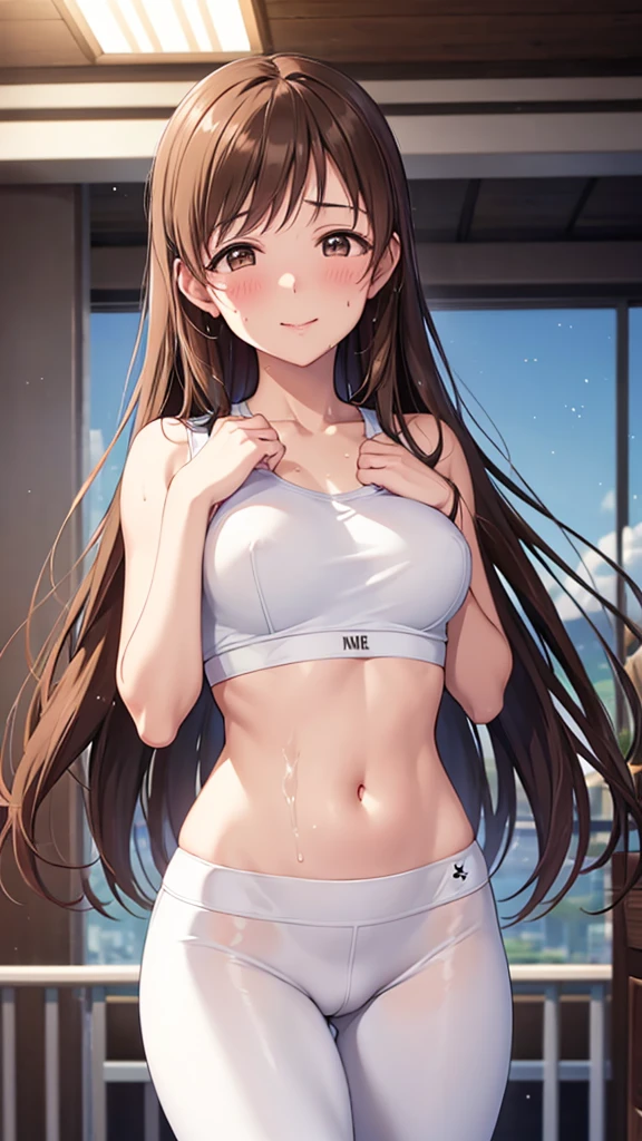 Highest quality、high resolution、High definition、HD、sports gym、(Nitta Minami、Long Hair、Medium chest、Brown Hair、Brown eyes、Glossy lips、virgin、Glowing Skin、Realistic skin texture、Plain white sports bra、Plain white sports leggingassive sweat stains in the crotch)、Love me、blush、Open your mouth、smile)、(Top view)