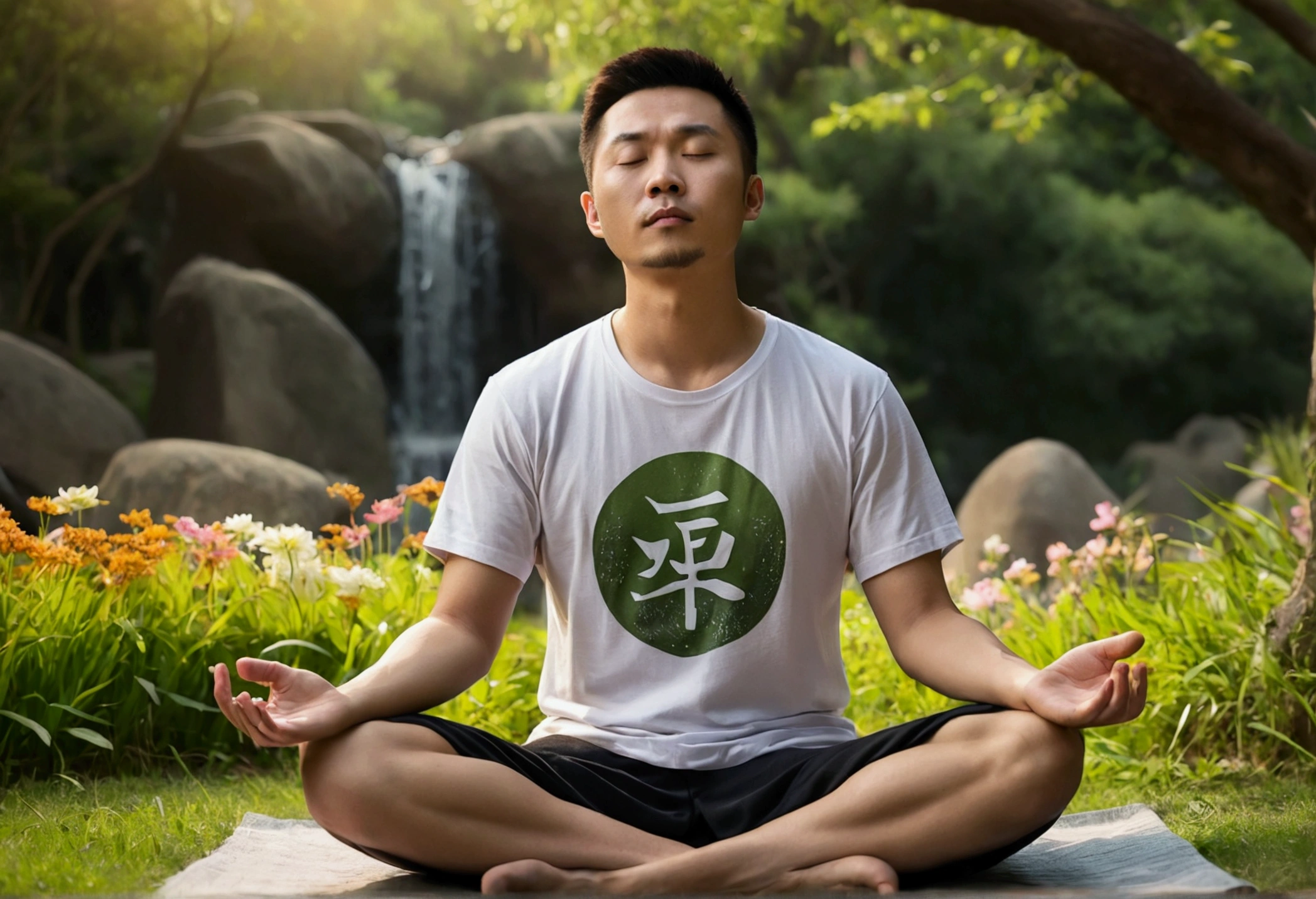 Realistic style, this photo depicts a Chinese man gently closing his eyes, beautiful, confident, with a beautiful figure and facial features. He sits cross legged in a peaceful environment, surrounded by trees, flowers, streams, and a wide-angle lens. Meditating in a peaceful environment. The man was wearing a T-shirt, adding a calm atmosphere to the scene. Chaoyang is in the background, casting a warm glow in the scene, sitting on the grass meditating. High quality, high detail, 8K resolution