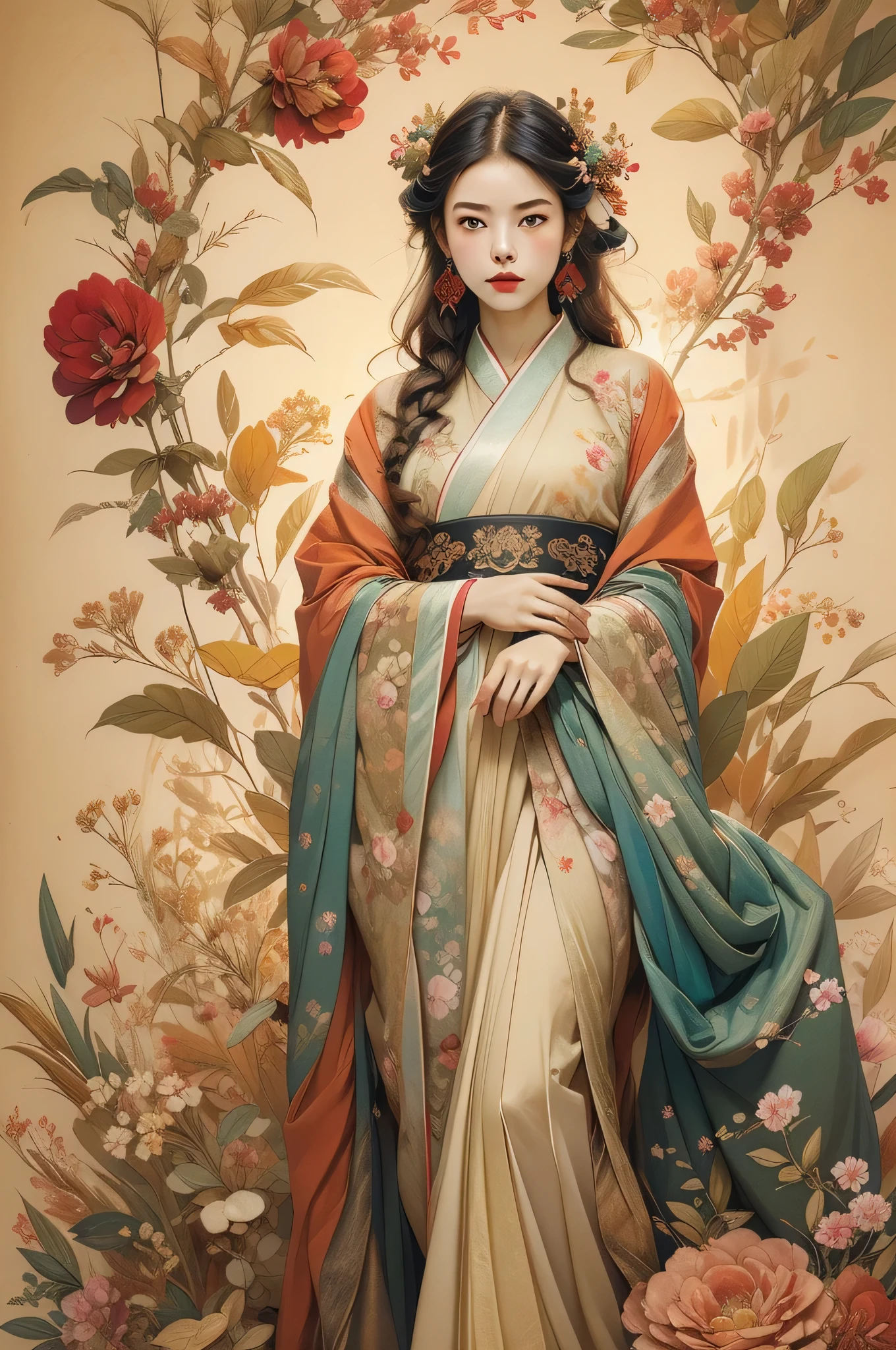 Ambilight,masterpiece,ultra-high quality,(ultra detailed original illustration),((hanfu fashion)),clean cloth,flower blossom background,double exposure,fussion of fluid abstract art,(original illustration composition),( fusion of limited color, maximalism artstyle, geometric artstyle, junk art),