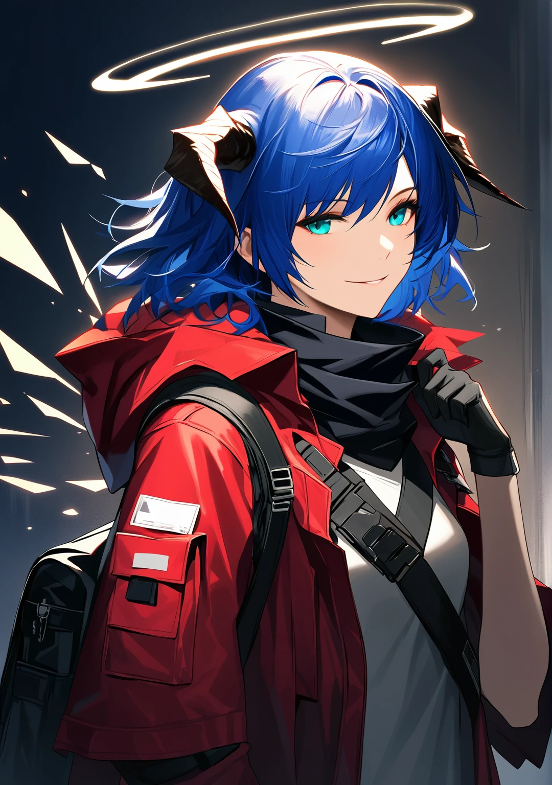 (woman), ((Mostima from arknights)), masterpiece, best quality, blue hair, ((short hair)), horns, plain white shirt, red fullbody coat, red hood, dark blue eyes, realistic anime style, smiling, ((portrait)), black gloves, carring a bag, halo.