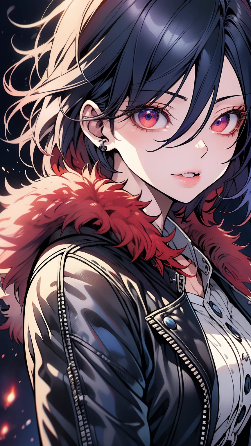 first work,Detailed,High resolutions:1.4) , Model photo, to close, Detailed face, Fine, detailed eyes,, (Kirishima Touka),medium blue hair,ojo ghoul,retro jacket,Tokyo Ghoul,retrofuturistic background, vibrant colors, HdR,, ,