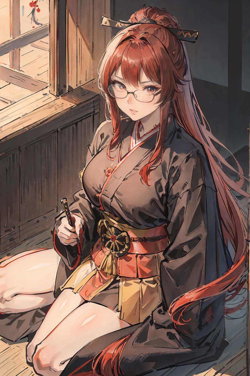 Onigirl, a red haired , wearing a black sumo armor, long hair, fasion hair, samurai armor, slim body, shirt ornament, hakama, tall 165cm, 22yearold, samurai, katana, female, beautiful, sexy, vilian face, wearing glasses