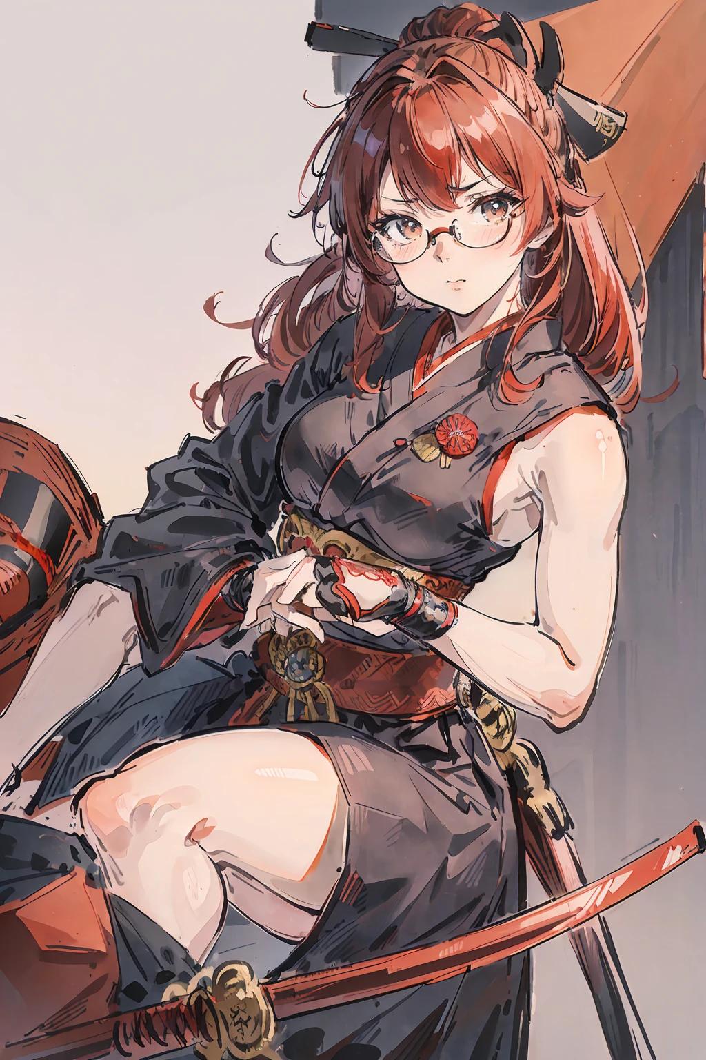Onigirl, a red haired , wearing a black sumo armor, long hair, fasion hair, samurai armor, slim body, shirt ornament, hakama, tall 165cm, 22yearold, samurai, katana, female, beautiful, sexy, vilian face, wearing glasses