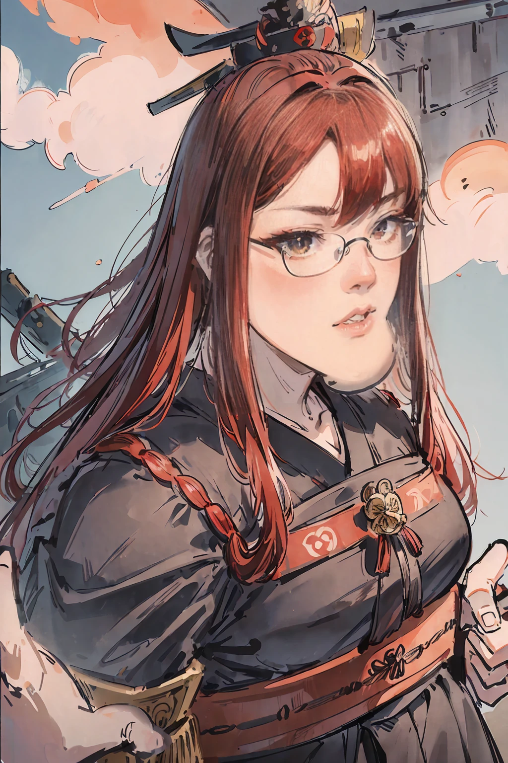 Onigirl, a red haired , wearing a black sumo armor, long hair, fasion hair, samurai armor, slim body, shirt ornament, hakama, tall 165cm, 22yearold, samurai, katana, female, beautiful, y, vilian face, wearing glasses
