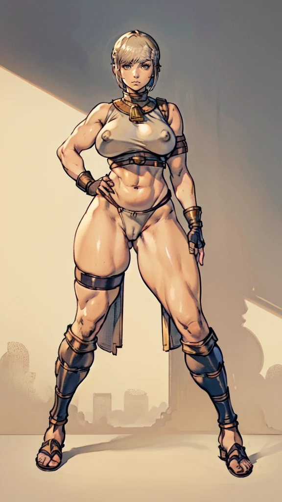 (masterpiece), best quality, female warrior, huge girl, female muscular:1.2, shoulder armor, pauldron, (((blank background))), ((full body)), fingerless gloves, sandals, sleeveless, covered nipples, ((buzzcut hairstyle)), golden hair, hair over eyes, (wide hips:1.6), thick thighs:1.7, ((camel toe)), (underboobs), 