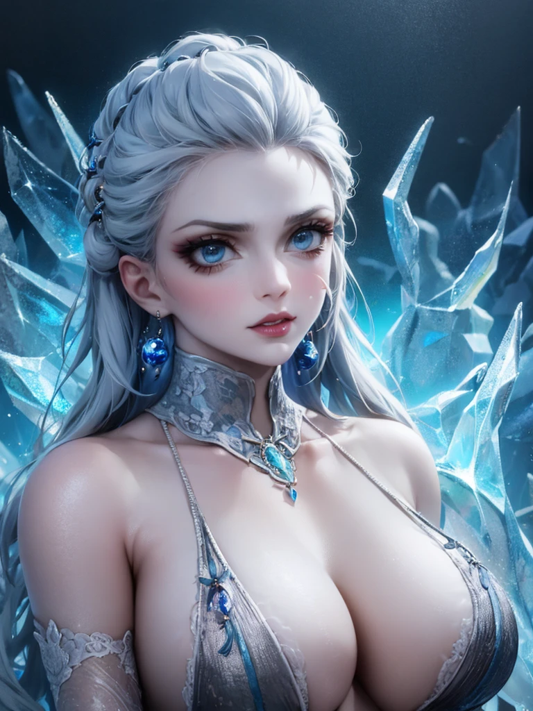 (best quality, highres, ice skull:1.1), ice skull, girl style, thick body art, detailed facial features, icy blue eyes, glossy lips, long eyelashes, porcelain skin, blue and silver color scheme, intricate skull design, realistic texture, vibrant colors, elaborate background, mysterious atmosphere, frozen garden, snow-covered trees, sparkling ice crystals, surreal lighting, fantasy elements