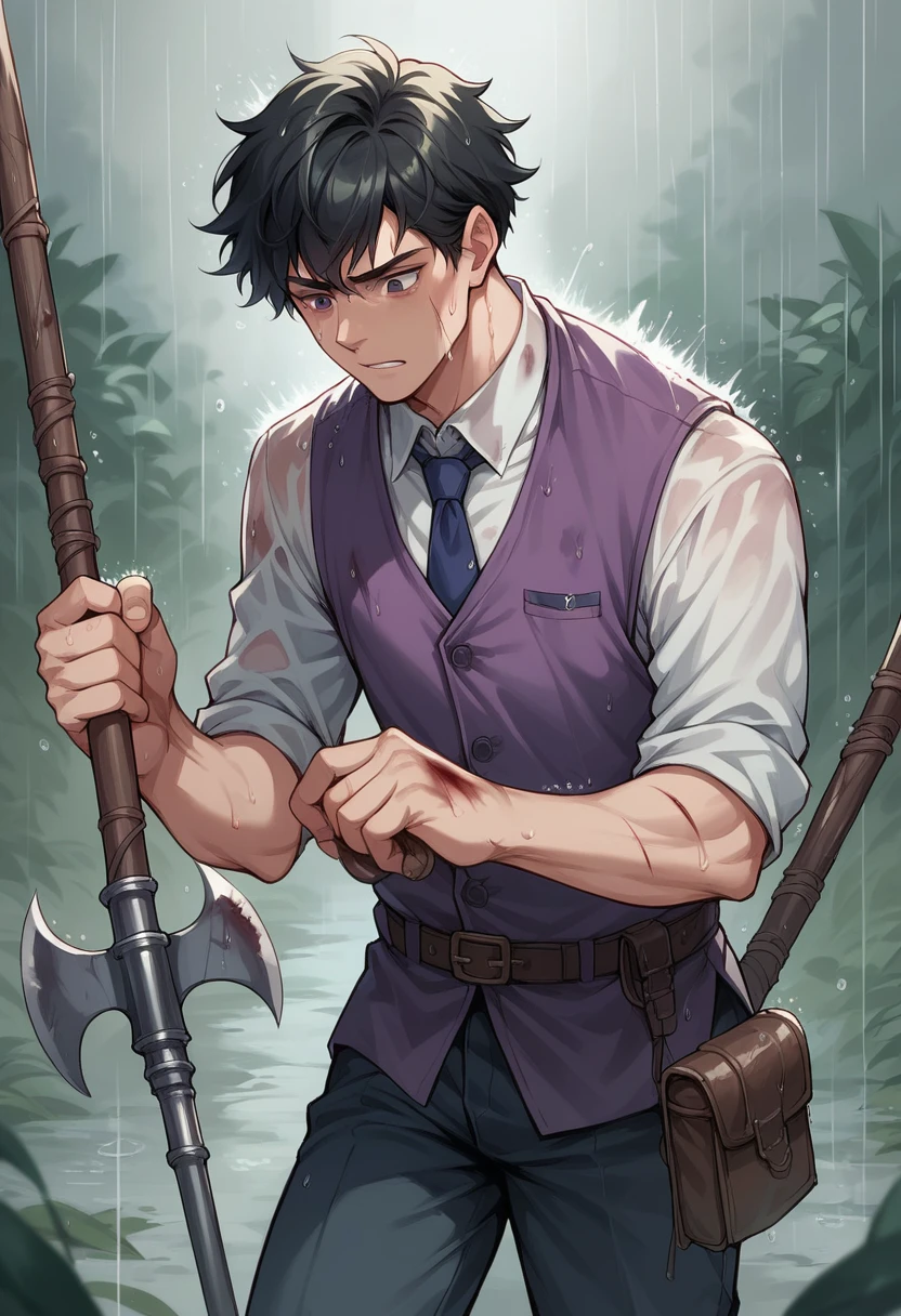 A young black-haired man in a purple vest and dress pants holding a halberd. The young man is injured and in the rain 