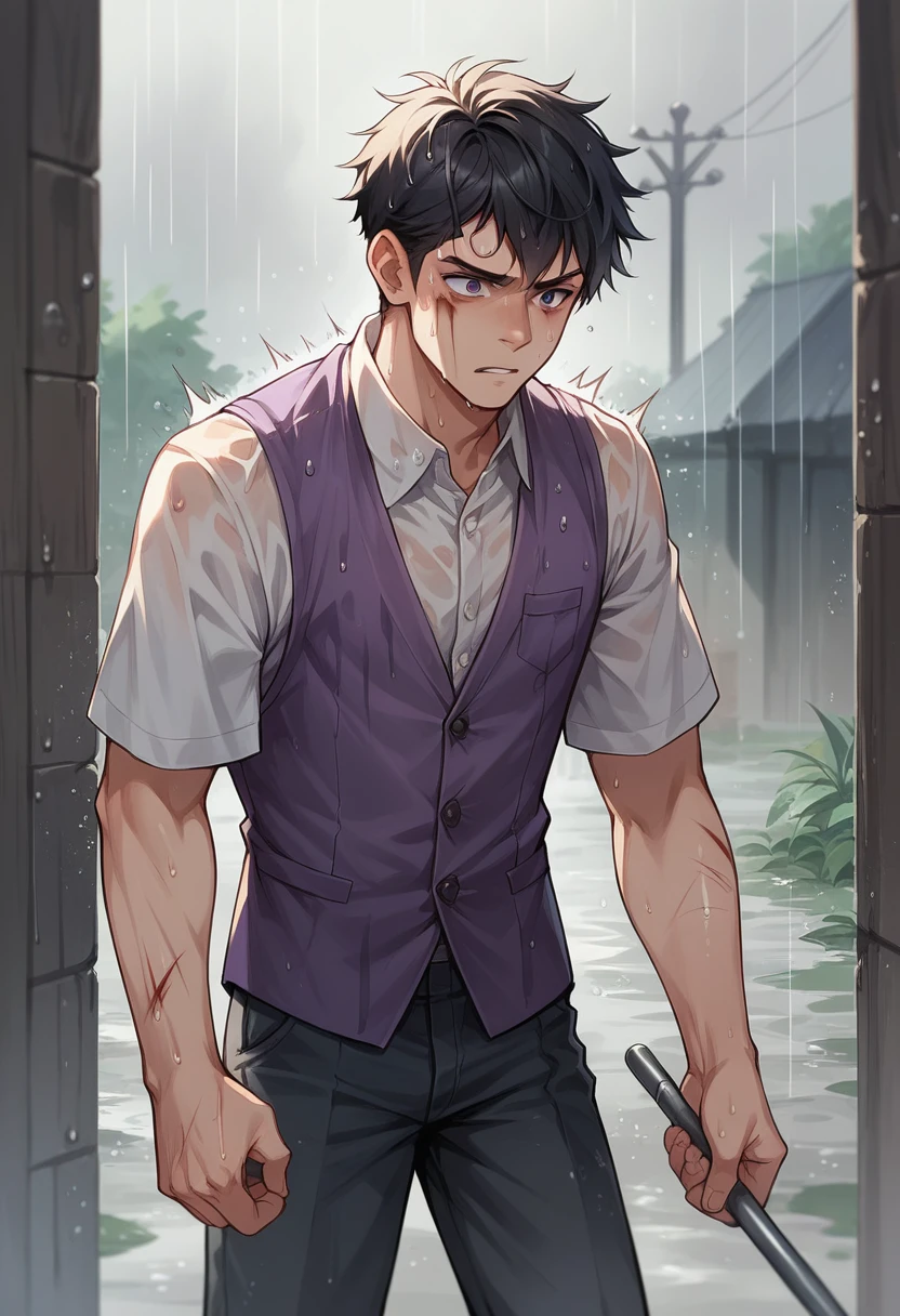 A young black-haired man in a purple vest and dress pants holding a halberd. The young man is injured and in the rain 