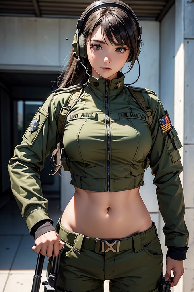 Woman in white holding a rifle and wearing headphones, 24 year old woman, young soldier, mechanized young soldier, Military Girl, beautiful female soldier, Female lead character, Military Girlราบ, Girl's sniper at war, solo female character, Future combat equipment, Half-body close-up, Woman wearing military bulletproof crop top, Show navel, Wear tactical equipment, Wear tactical armor., (realistic navel shape)