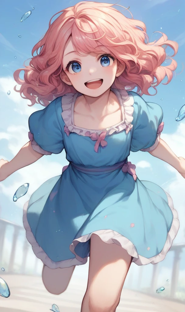 Adorable , 5 years old, blond hair, pale skin, pink cheeks, blue eyes, wavy hair, adorable smile, is running with open arms, He is smiling, Blue dress, anime style, 2d.