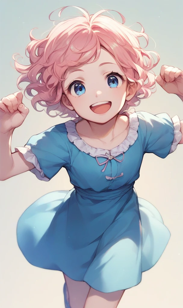 Adorable , , blond hair, pale skin, pink cheeks, blue eyes, wavy hair, adorable smile, is running with open arms, He is smiling, Blue dress, anime style, 2d.