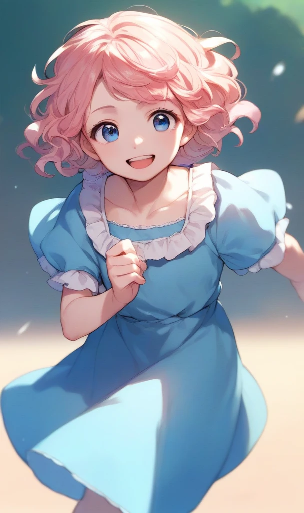 Adorable , 5 years old, blond hair, pale skin, pink cheeks, blue eyes, wavy hair, adorable smile, is running with open arms, He is smiling, Blue dress, anime style, 2d.