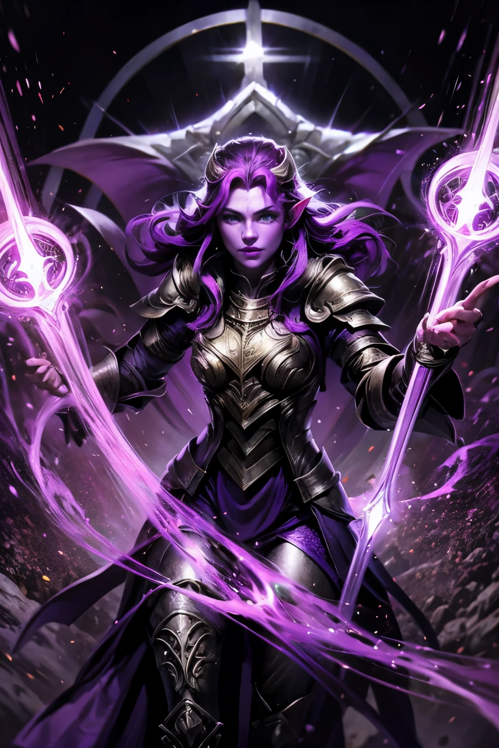 tiefling woman purple skin purple hair light green eyes cleric clothes heavy armor