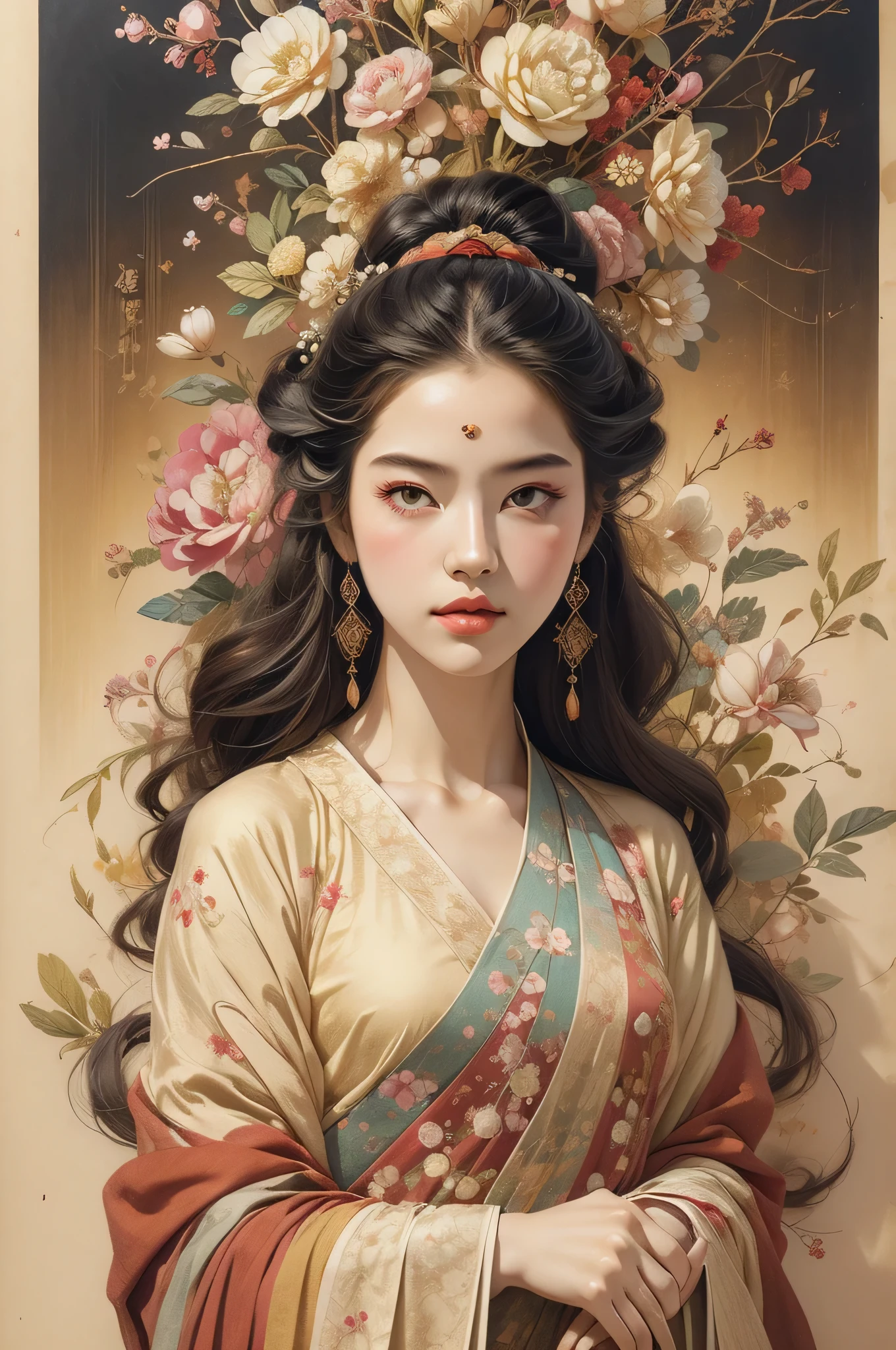 Ambilight,masterpiece,ultra-high quality,(ultra detailed original illustration),((hanfu fashion)),clean cloth,flower blossom background,double exposure,fussion of fluid abstract art,(original illustration composition),( fusion of limited color, maximalism artstyle, geometric artstyle, junk art),