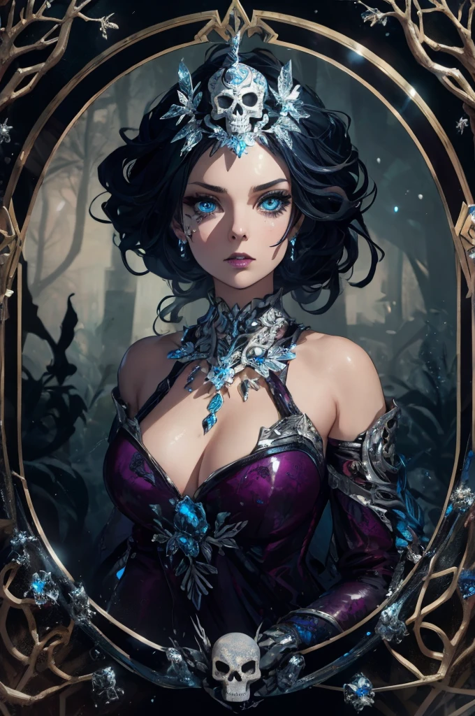(best quality, highres, ice skull:1.1), ice skull, girl style, thick body art, detailed facial features, icy blue eyes, glossy lips, long eyelashes, porcelain skin, blue and silver color scheme, intricate skull design, realistic texture, vibrant colors, elaborate background, mysterious atmosphere, frozen garden, snow-covered trees, sparkling ice crystals, surreal lighting, fantasy elements