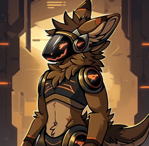 Protogen, light brown and major brown fur, looking at viewer,a little to the side, mainly brown fur, fur, dark visor,solo, cartoon, (highly detailed illustration:1.2), best quality, masterpiece, solo, protogen, (protogen face:1.1), (protogen visor:1.1), tail, torso, light brown and major brown fur , standing, 