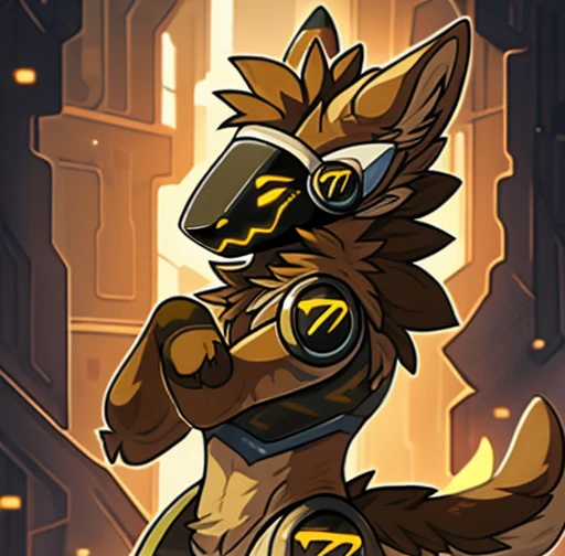 Protogen, light brown and major brown fur, looking at viewer,a little to the side, mainly brown fur, fur, dark visor,solo, cartoon, (highly detailed illustration:1.2), best quality, masterpiece, solo, protogen, (protogen face:1.1), (protogen visor:1.1), tail, torso, light brown and major brown fur , standing,