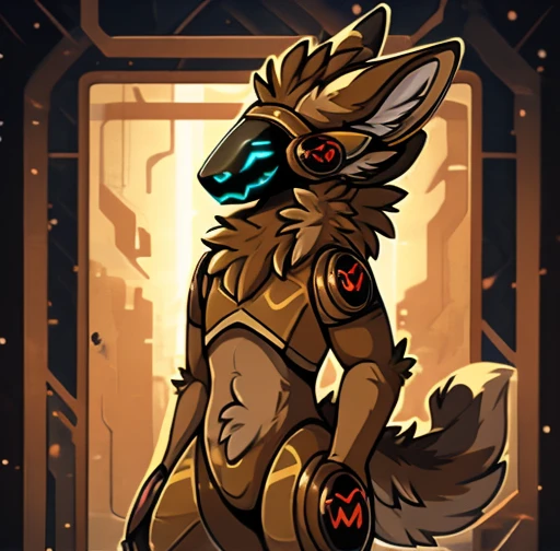 Protogen, light brown and major brown fur, looking at viewer,a little to the side, mainly brown fur, fur, dark visor,solo, cartoon, (highly detailed illustration:1.2), best quality, masterpiece, solo, protogen, (protogen face:1.1), (protogen visor:1.1), tail, torso, light brown and major brown fur , standing, 