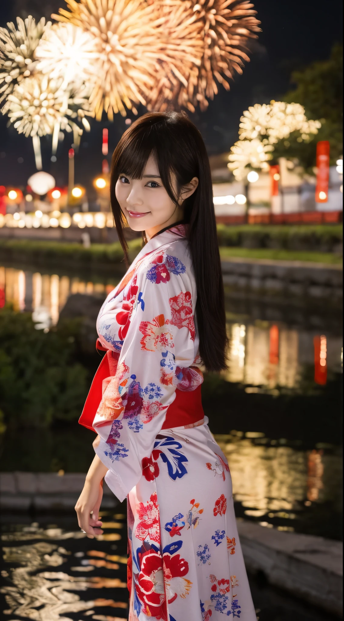 (Masterpiece,Highest quality,Highest quality,8k wallpaper,Ultra-high resolution,Extremely detailed),Japanese,Group of 2,Japanese Beauty,Female college student,Large Breasts,Narrow waist,Not too big butt,Long, slender legs,Yamato Nadeshiko,pure,Sense of clarity,yukata,night,Summer festival,Riverbank,Opening a store,firework,色とりどりのfireworkの光,((Group of 2のFemale college studentがnightのfirework大会でfireworkの華やかな光に包まれながら微笑む様子))