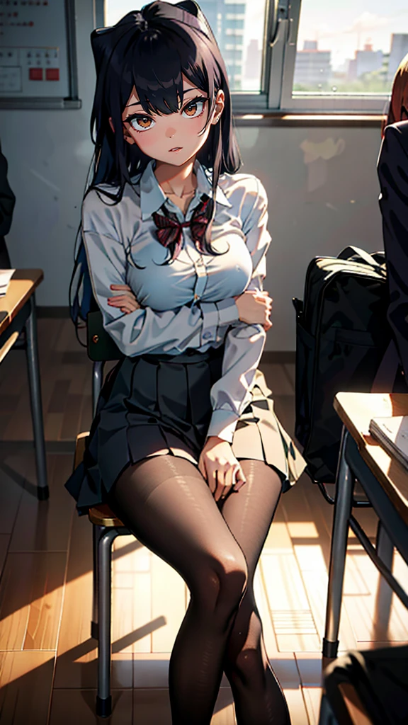 komiShouko, masterpiece, best quality, absurdres, 1girl, looking at viewer, v arms, pantyhose, classroom, No clothes, sensual, sexy, underwear, window, sitting, chair, crowd
