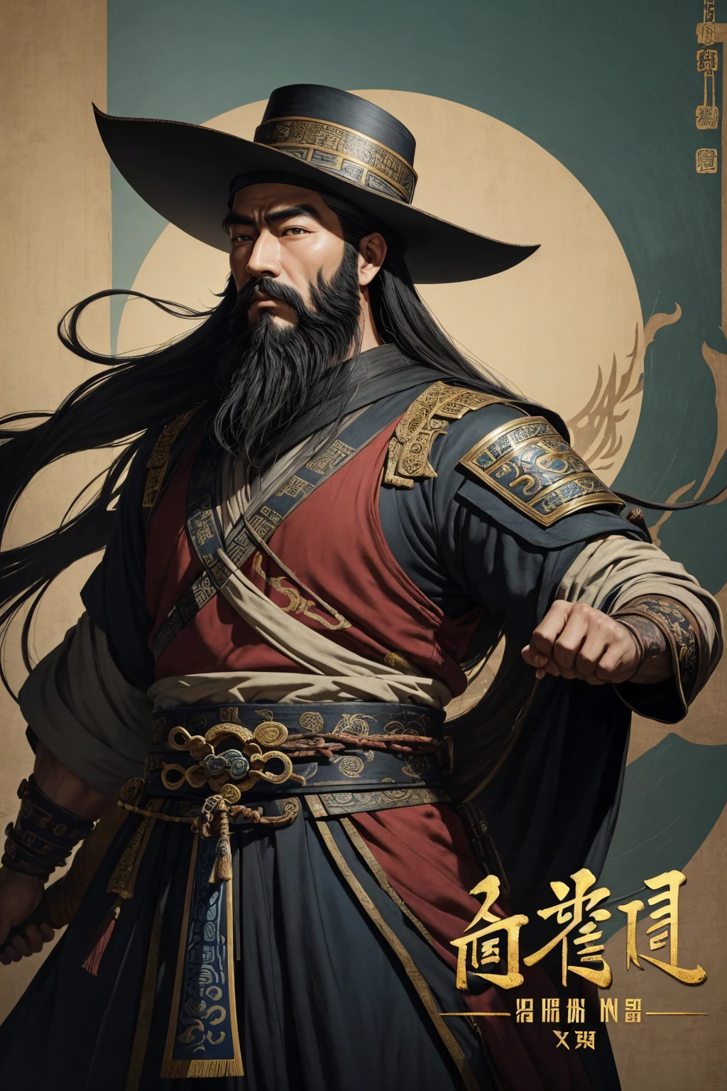 arafed man with a beard and a hat on his head, an album cover inspired by Wu Daozi, reddit, shin hanga, pan ren wei, feng shu, zhang daqian, bo feng, guan yu, tian zi, in style of pan ren wei, song nan li, guangjian huang, bian lian, liang xing