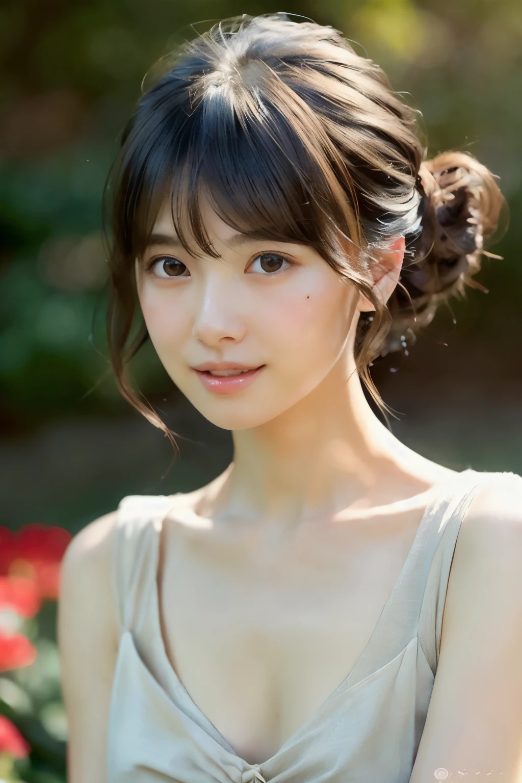 (ultra-detailed CG artwork), (photorealistic), (Japanese woman), (23 years old), (beautiful and cute appearance), 1girl, solo, portrait, gentle expression, friendly personality, hairstyle updo, bangs swept to the right, standing, soft natural lighting, serene background,